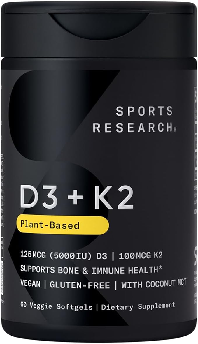 Vegan Vitamin D3 + K2 with Coconut MCT Oil – High-Potency Bone & Heart Support (60 Softgels)