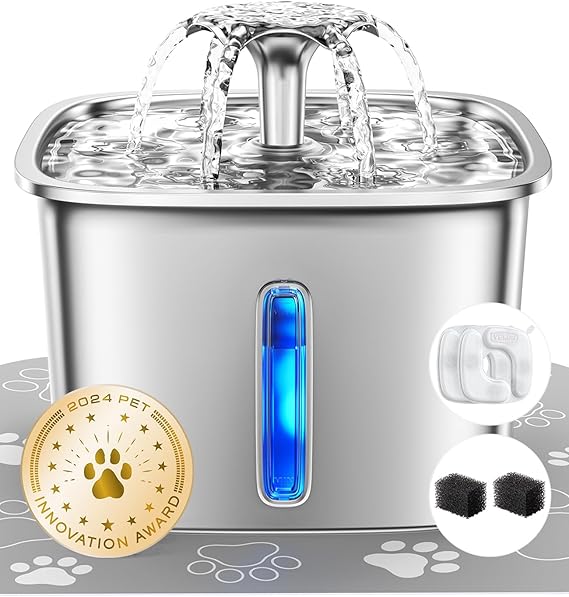 Veken Stainless Steel Cat Water Fountain – 95oz Pet Water Dispenser for Cats & Dogs