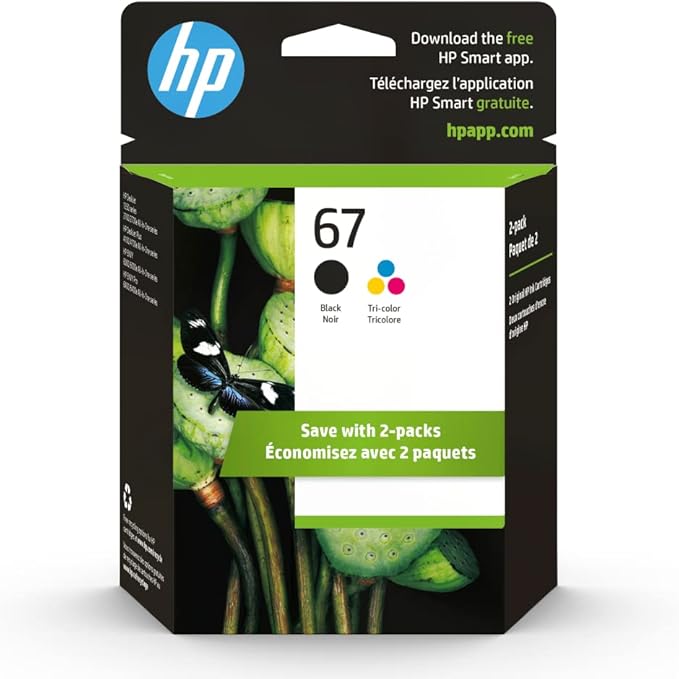 HP 67 Black/Tri-color Ink Cartridges – Compatible with DeskJet & ENVY Printers