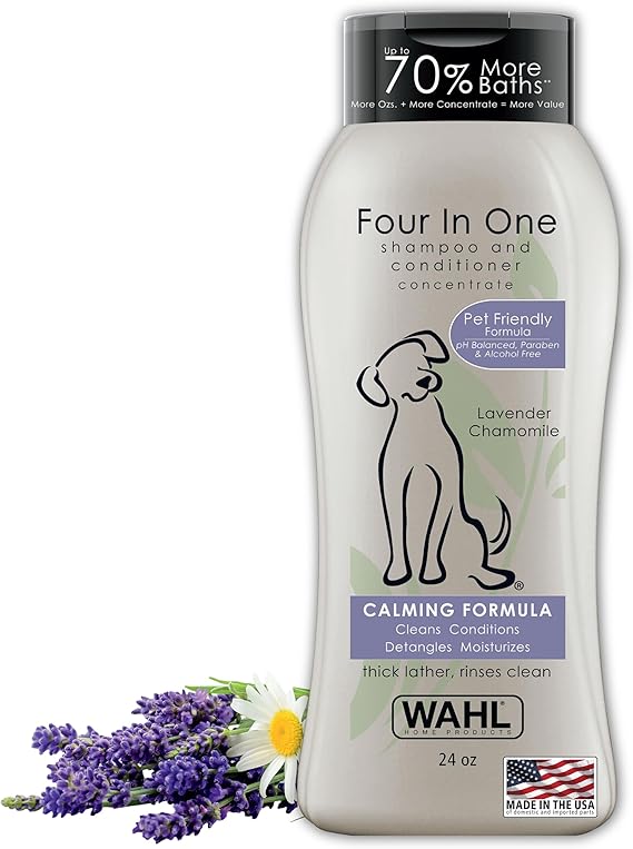 Wahl 4-in-1 Calming Pet Shampoo – Cleans, Conditions, Detangles & Moisturizes with Lavender Chamomile (24oz)